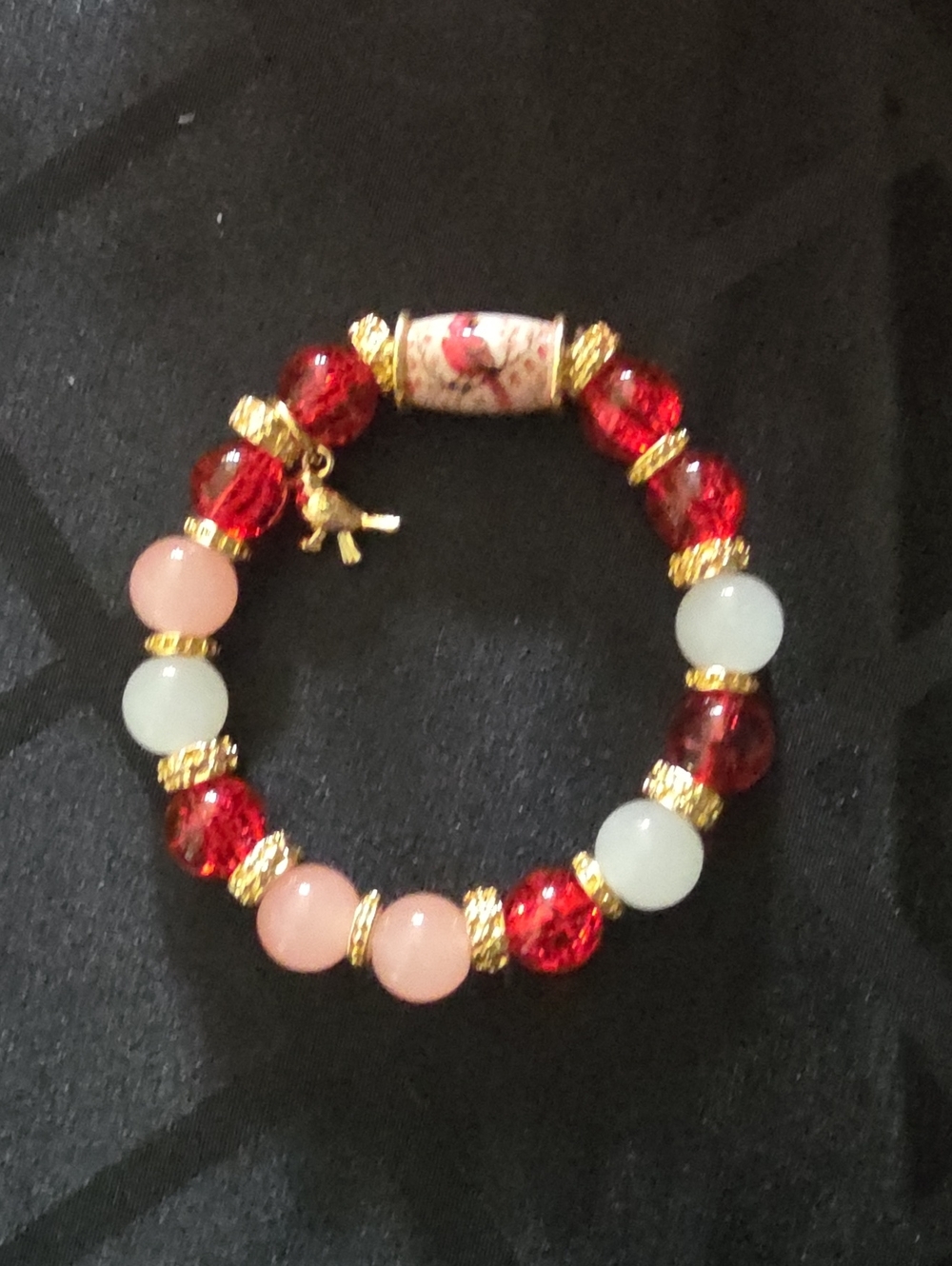 Gold-Accent Stretch Bracelet with Red, Pink & White Beads